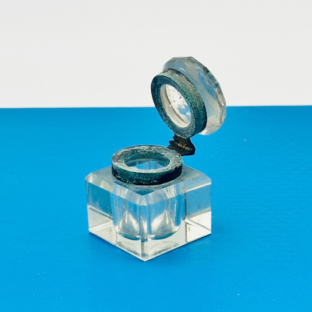 Antique Glass & Metal Inkwell Square Hinged Faceted Lid Desk Accessory